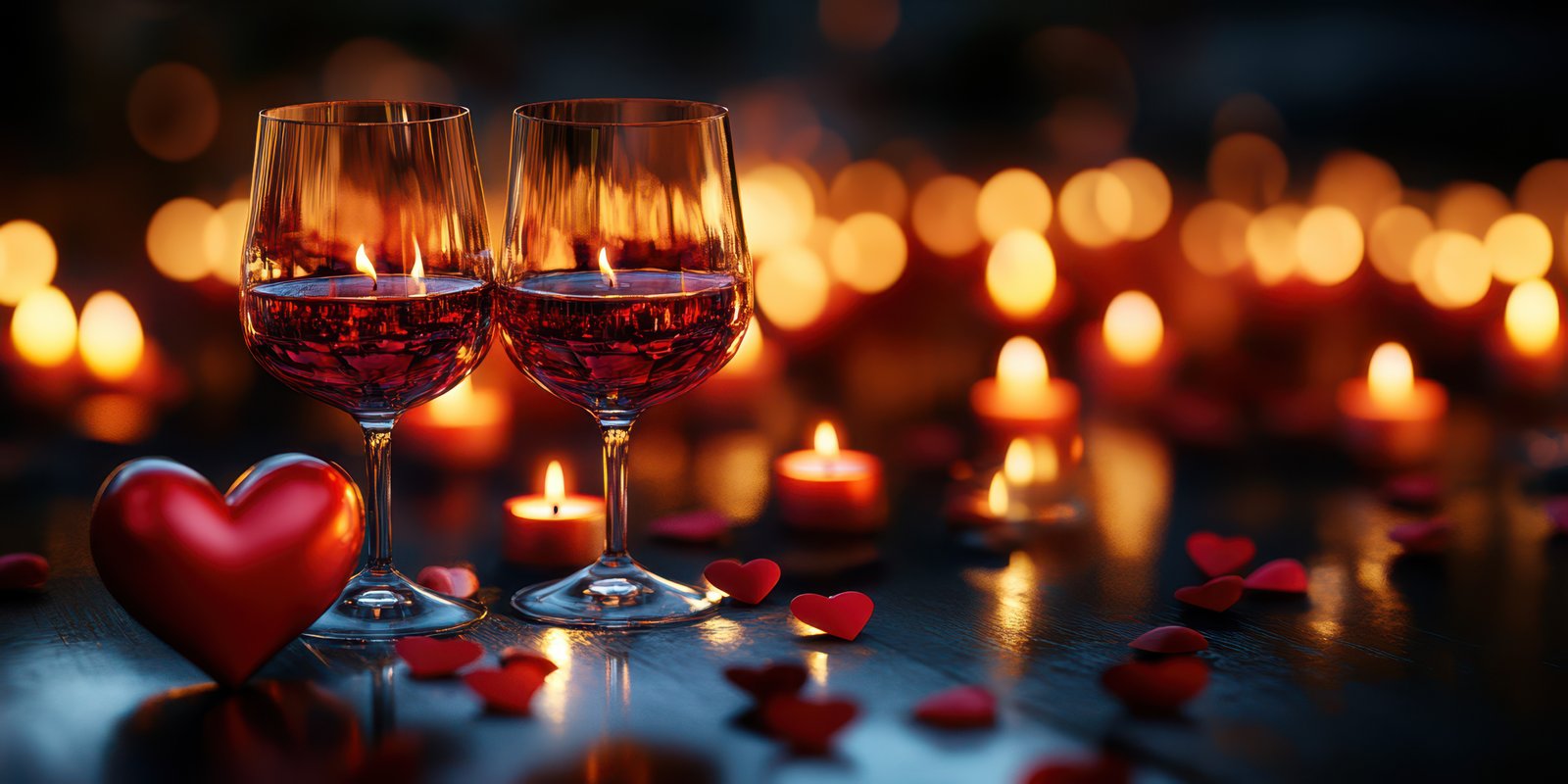 Romantic evening with candlelight and wine glasses set on a table with heart decorations for a special occasion